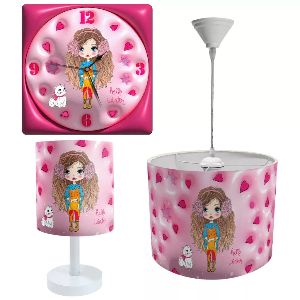 آباژور و لوستر کودک طرح دختر و گربه سه بعدی مدل LBR-SET-014 به همراه ساعت