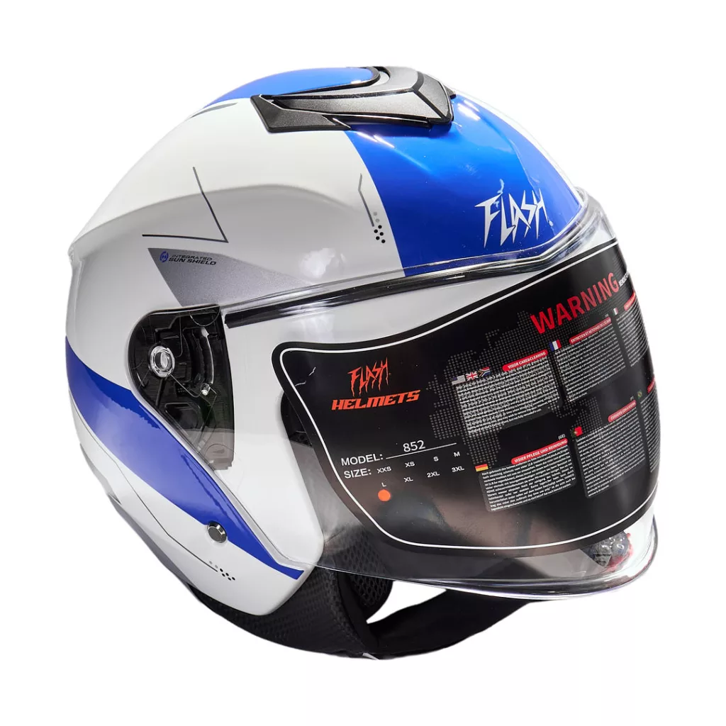 کلاه کاسکت بدون فک فلش مدل 852 glossy white-blue