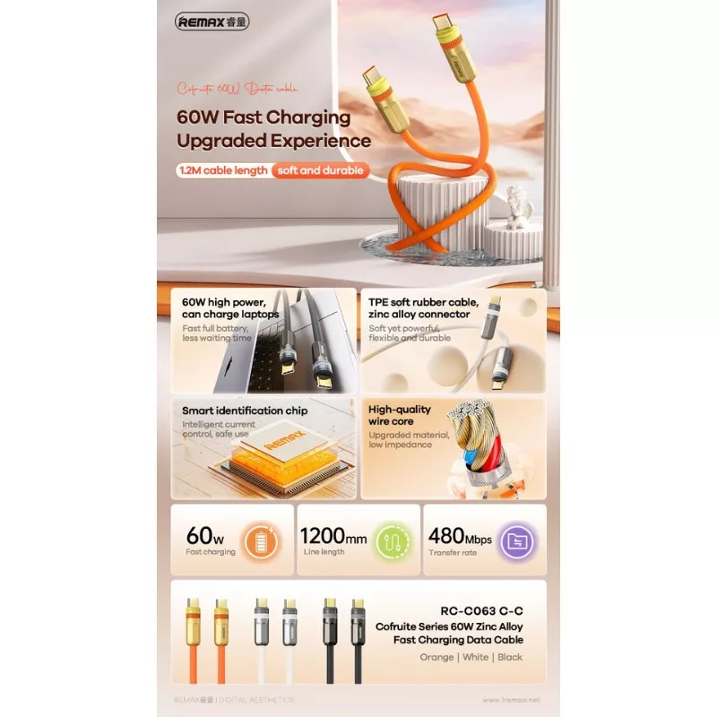 کابل تبدیل USB-C ریمکس مدل C063-60W طول 1.2 متر