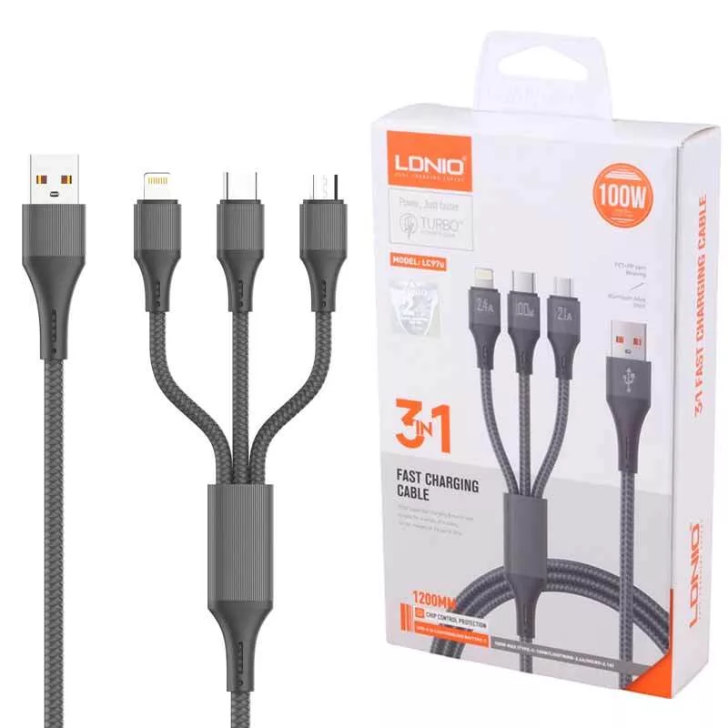 کابل تبدیل Mico-USB/USB-C / لایتنینگ الدینیو مدل LC97UC 100W PD طول 1.2 متر