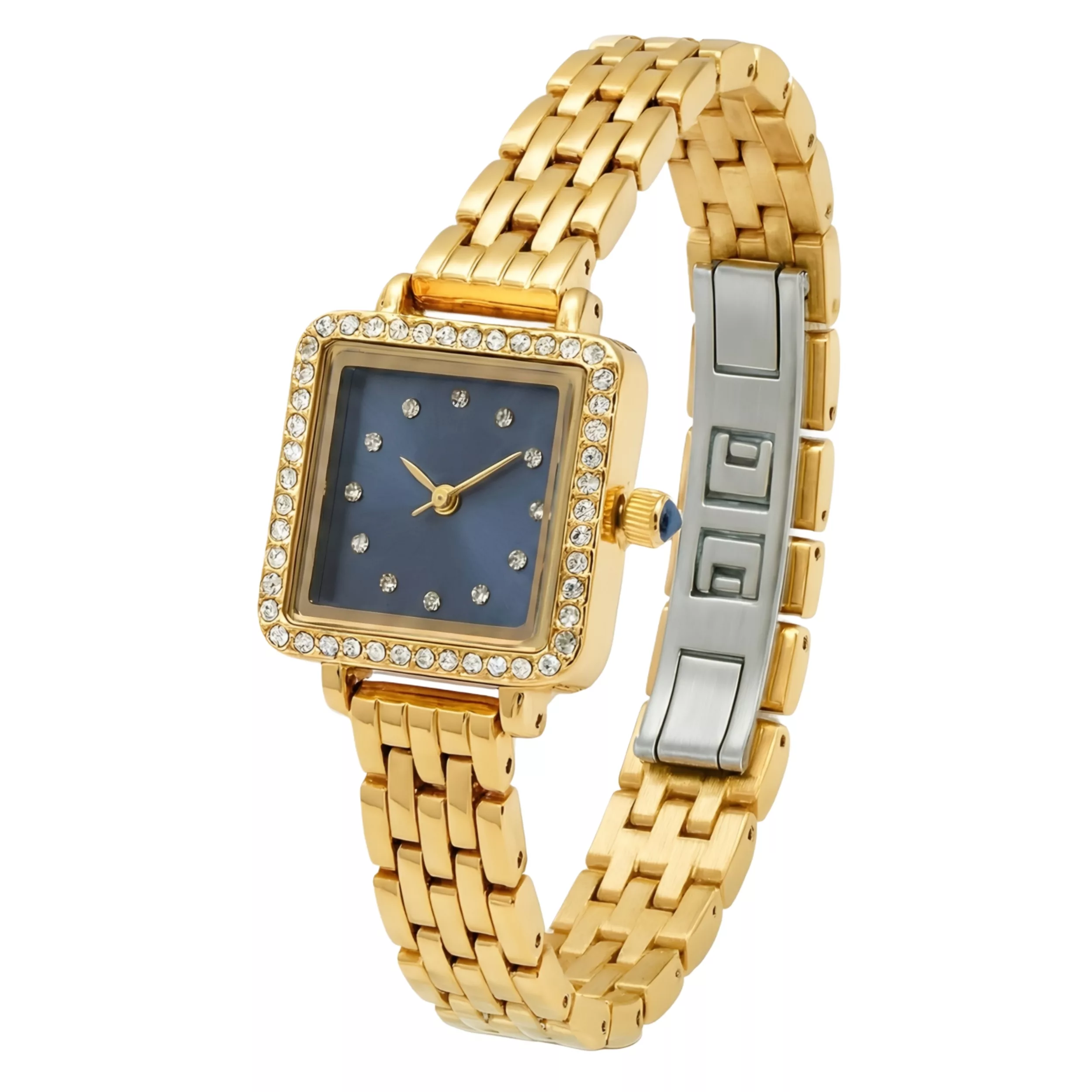 ساعت مچی عقربه‌ای کوارتز زنانه مدل لوکس بند استیل طرح بافت قاب دور نگین قفل مخفی کد E2