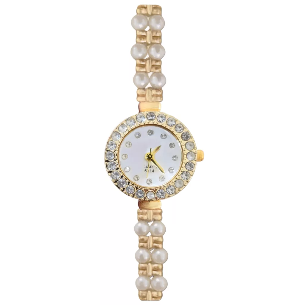 ساعت مچی عقربه‌ای کوارتز زنانه مدل لوکس بند دستبندی مرواریدی قاب دور نگین کد ۱.۵