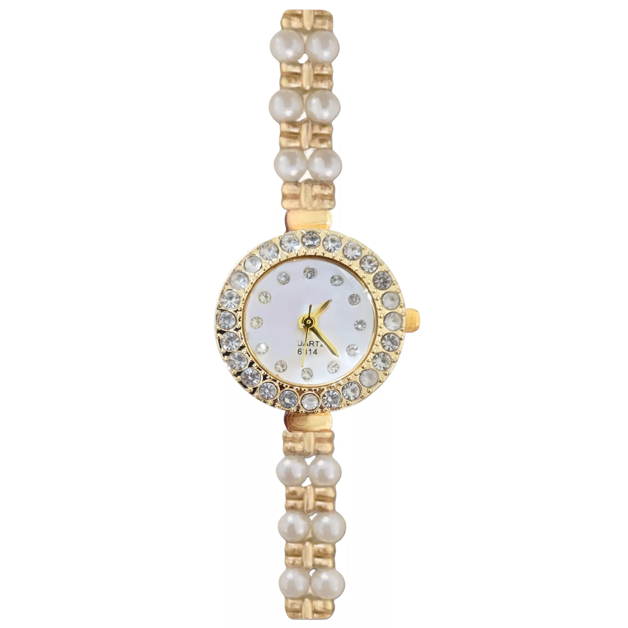 ساعت مچی عقربه‌ای کوارتز زنانه مدل لوکس بند دستبندی مرواریدی قاب دور نگین کد ۱.۵