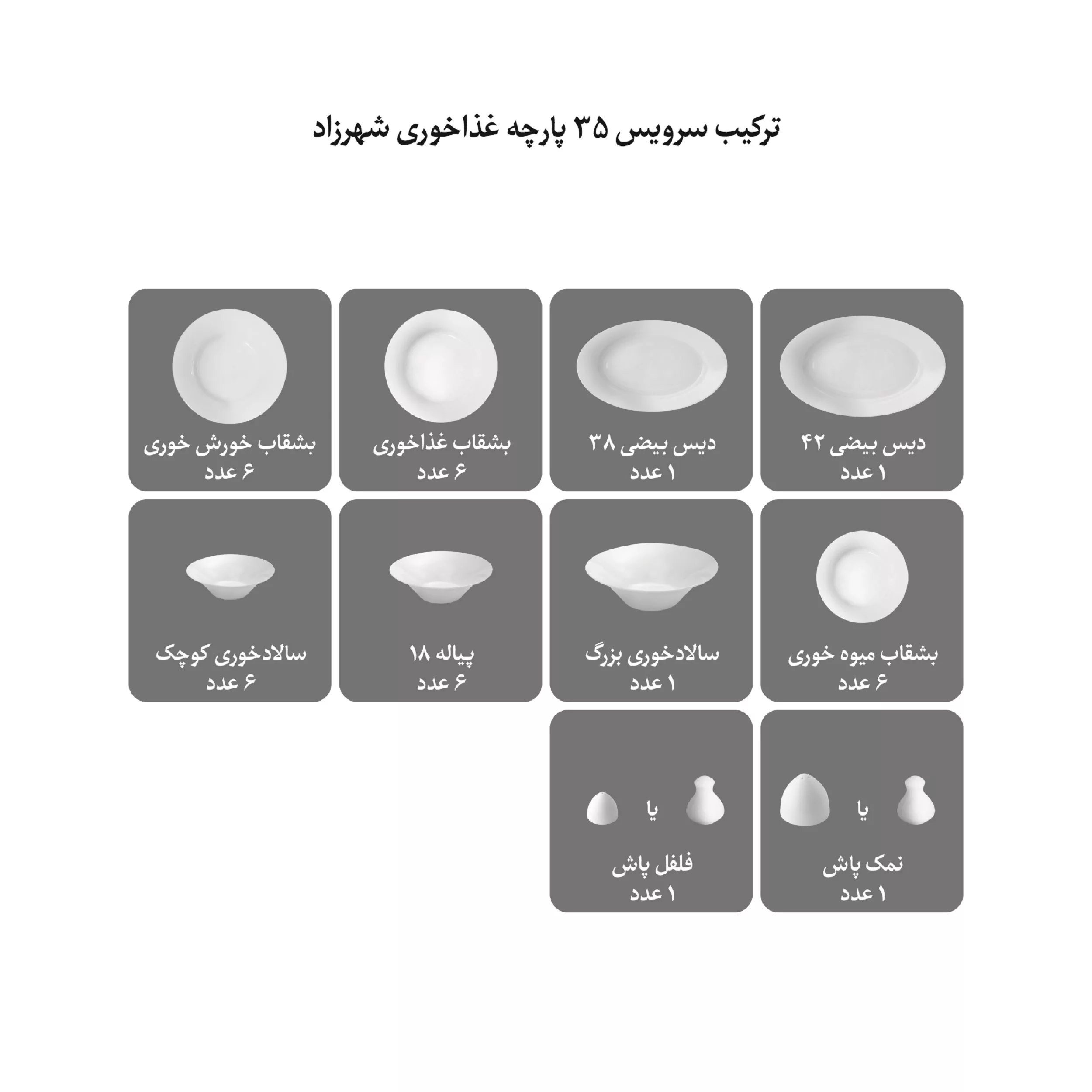 سرویس غذاخوری 35 پارچه چینی زرین ایران سری شهرزاد مدل سان رایز درجه عالی