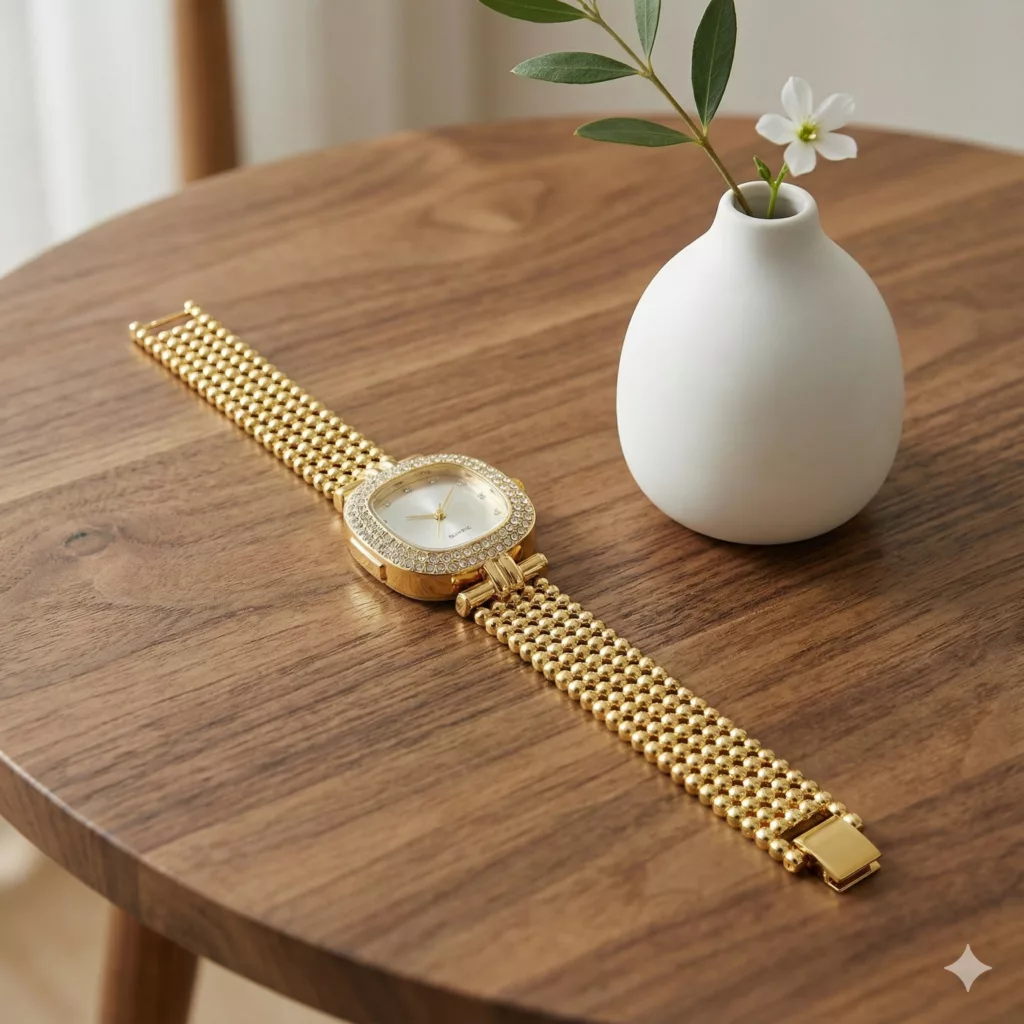 ساعت مچی عقربه‌ای کوارتز زنانه مدل لوکس قاب دور نگین بند طرح بافت کد ۳