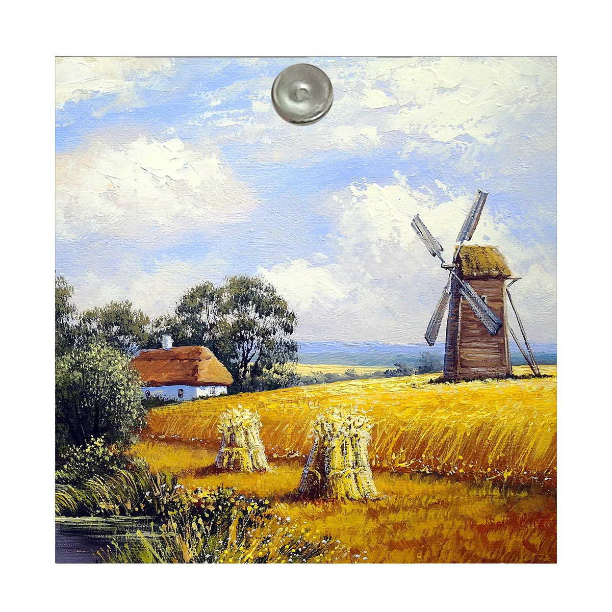 آینه جیبی طرح نقاشی مزرعه گندم و کلبه و آسیاب بادی مدل A138