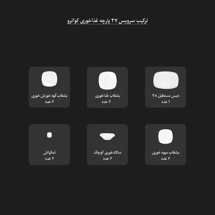 سرویس غذاخوری 27 پارچه چینی زرین ایران سری کواترو مدل montecarlo 2