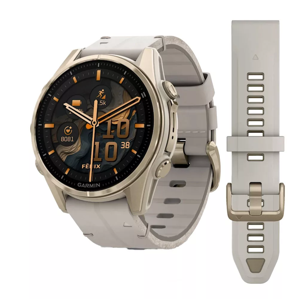 ساعت هوشمند گارمین مدل Fenix 8 – 43mm AMOLED، مناسب برای ورزش، نمایش میزان ضربان قلب، کنترل سطح اکسیژن خون، بند سیلیکون