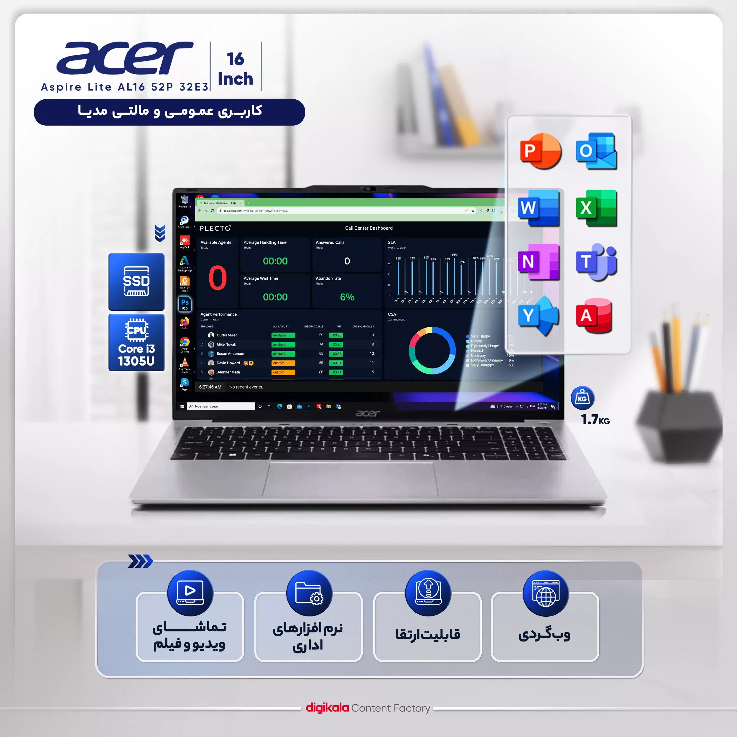 لپ تاپ 16 اینچی ایسر مدل Aspire Lite AL16 52P 32E3-i3 1305U-8GB DDR5-512GB SSD-IPS - کاستوم شده