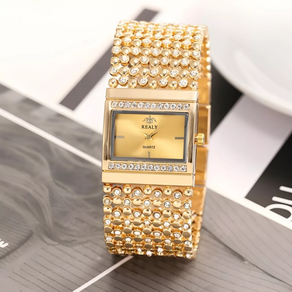 ساعت مچی عقربه ای زنانه مدل دستبندی بند پهن نگین دار کد 1