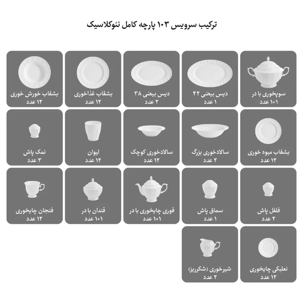 سرویس غذاخوری 103 پارچه چینی زرین ایران سری نئوکلاسیک مدل آرتمیس درجه یک