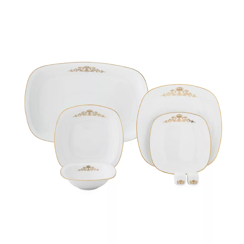 سرویس غذاخوری چینی زرین ایران مدل کواترو 27 پارچه کوئین طلایی درجه عالی