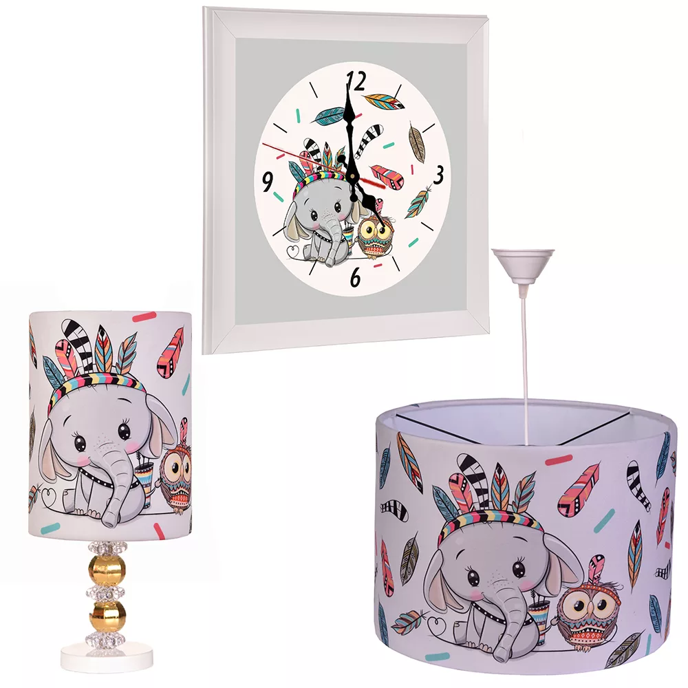 آباژور رومیزی کودک مدل فیل به همراه لوستر سقفی و ساعت دیواری