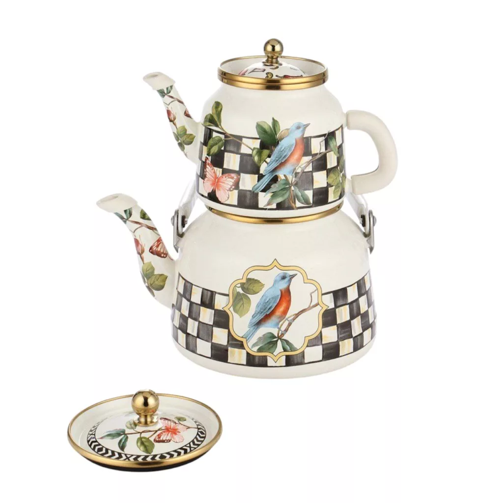 ست کتری و قوری مدل لعابی پرنده گنجایش گتری 2.5 لیتر گنجایش  قوری 1لیتر