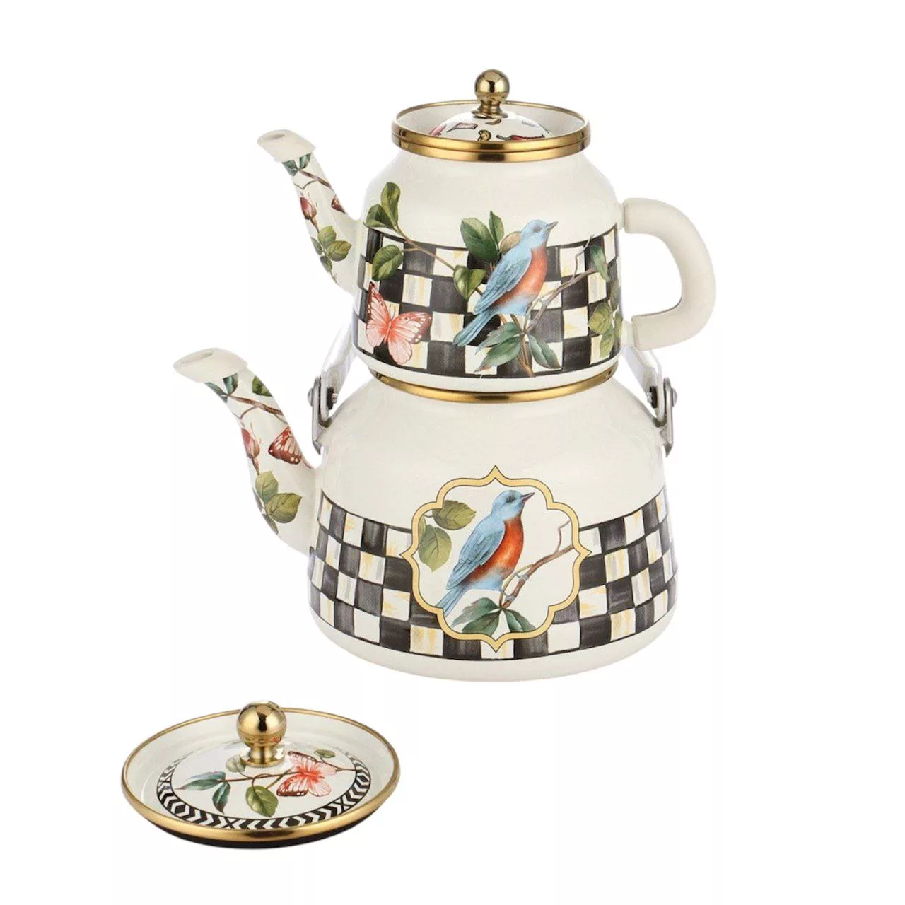 ست کتری و قوری مدل لعابی پرنده گنجایش گتری 2.5 لیتر گنجایش  قوری 1لیتر