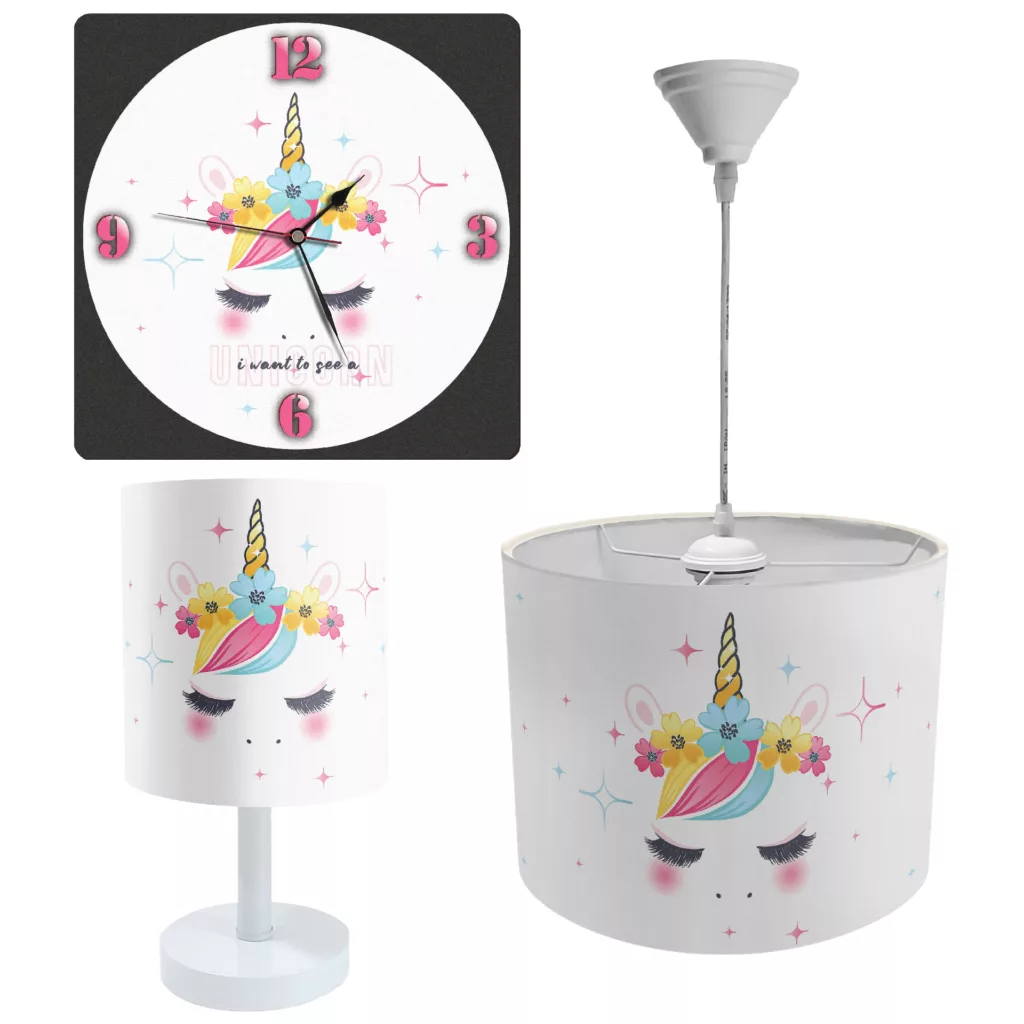 لوستر و آباژور کودک طرح یونی کرن مدل SET-029 به همراه ساعت