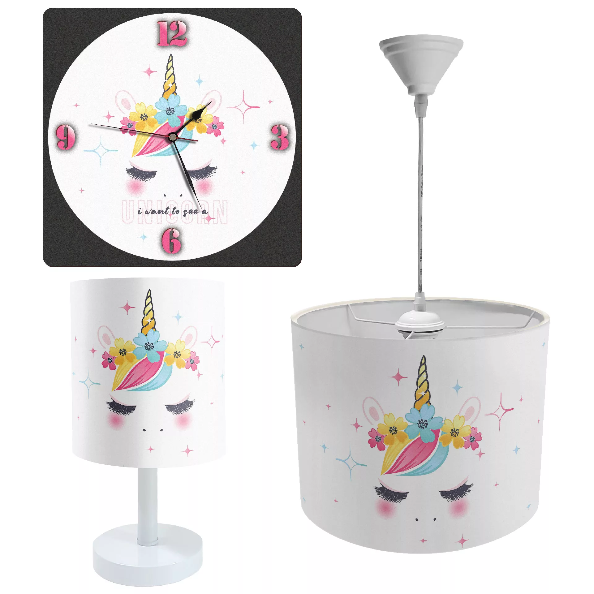 لوستر و آباژور کودک طرح یونی کرن مدل SET-029 به همراه ساعت