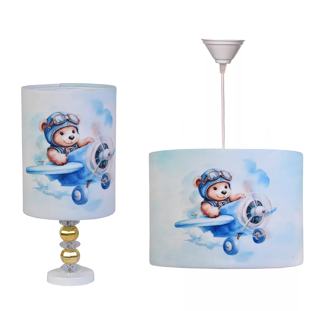 آباژور رومیزی کودک مدل خرس خلبان به همراه لوستر سقفی