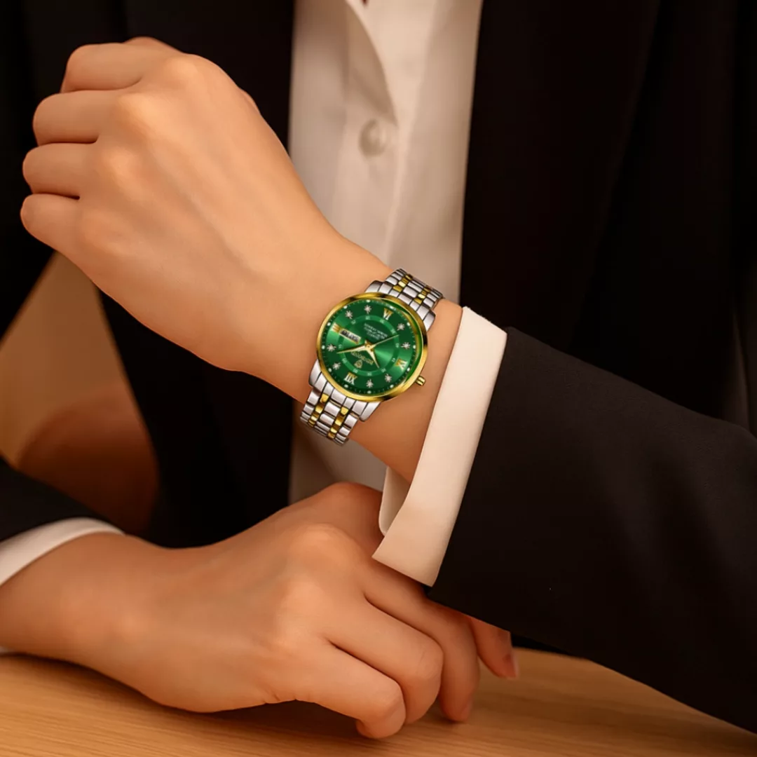 ساعت مچی عقربهای کوارتز زنانه بین باند مدل لوکس کلاسیک دی دیت بند طرح بافت قفل مخفی کد ۸