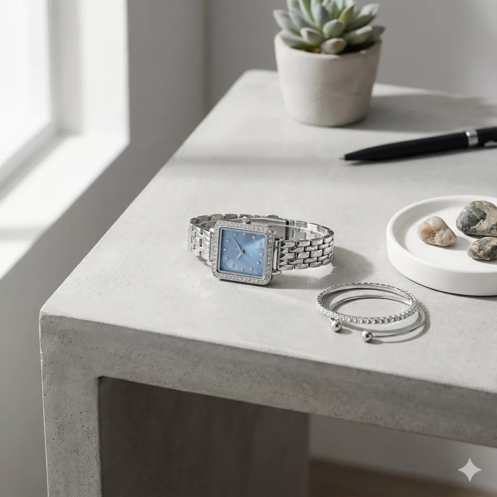 ساعت مچی عقربه‌ای کوارتز زنانه مدل لوکس قاب دور نگین بند استیل کد ۴