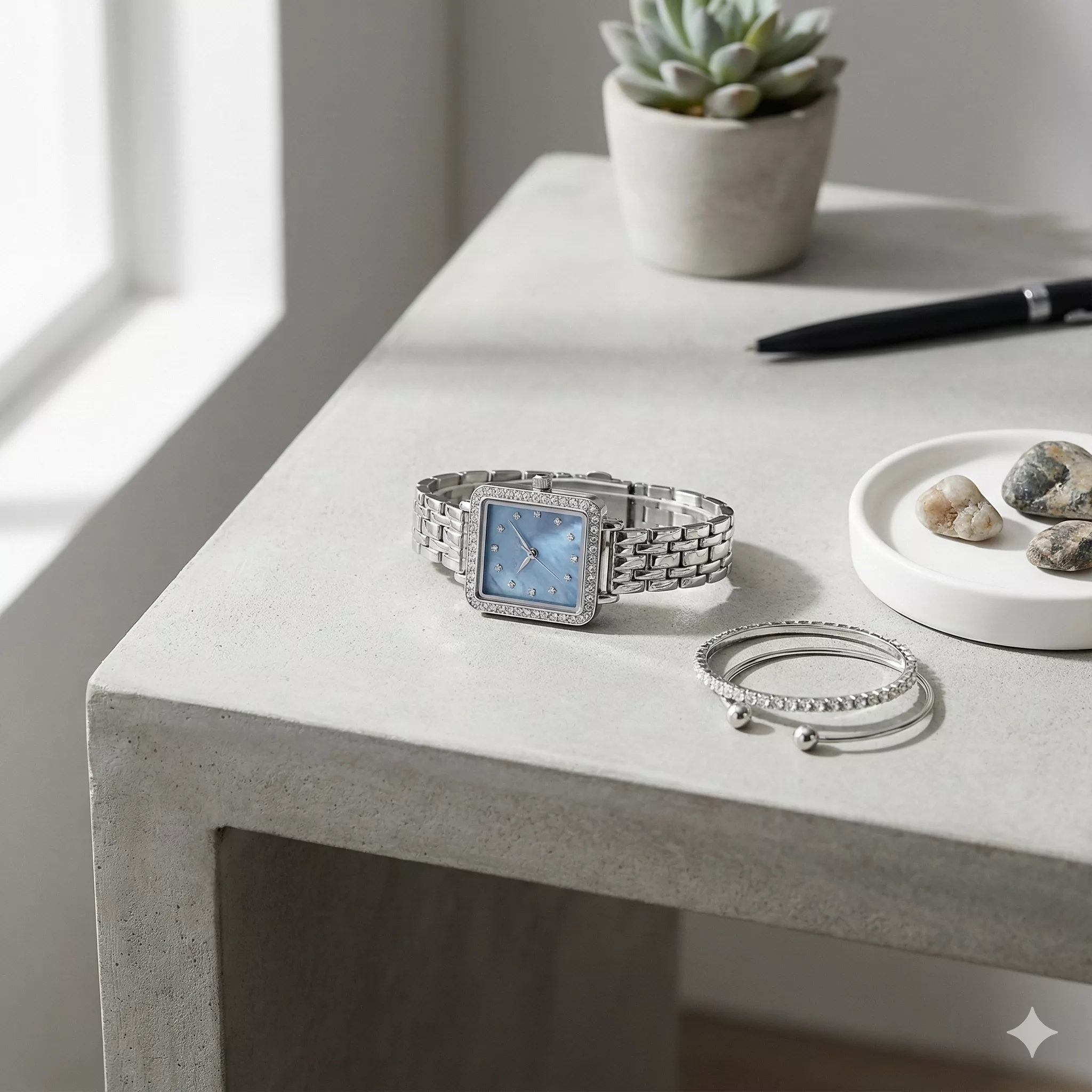 ساعت مچی عقربه‌ای کوارتز زنانه مدل لوکس قاب دور نگین بند استیل کد ۴