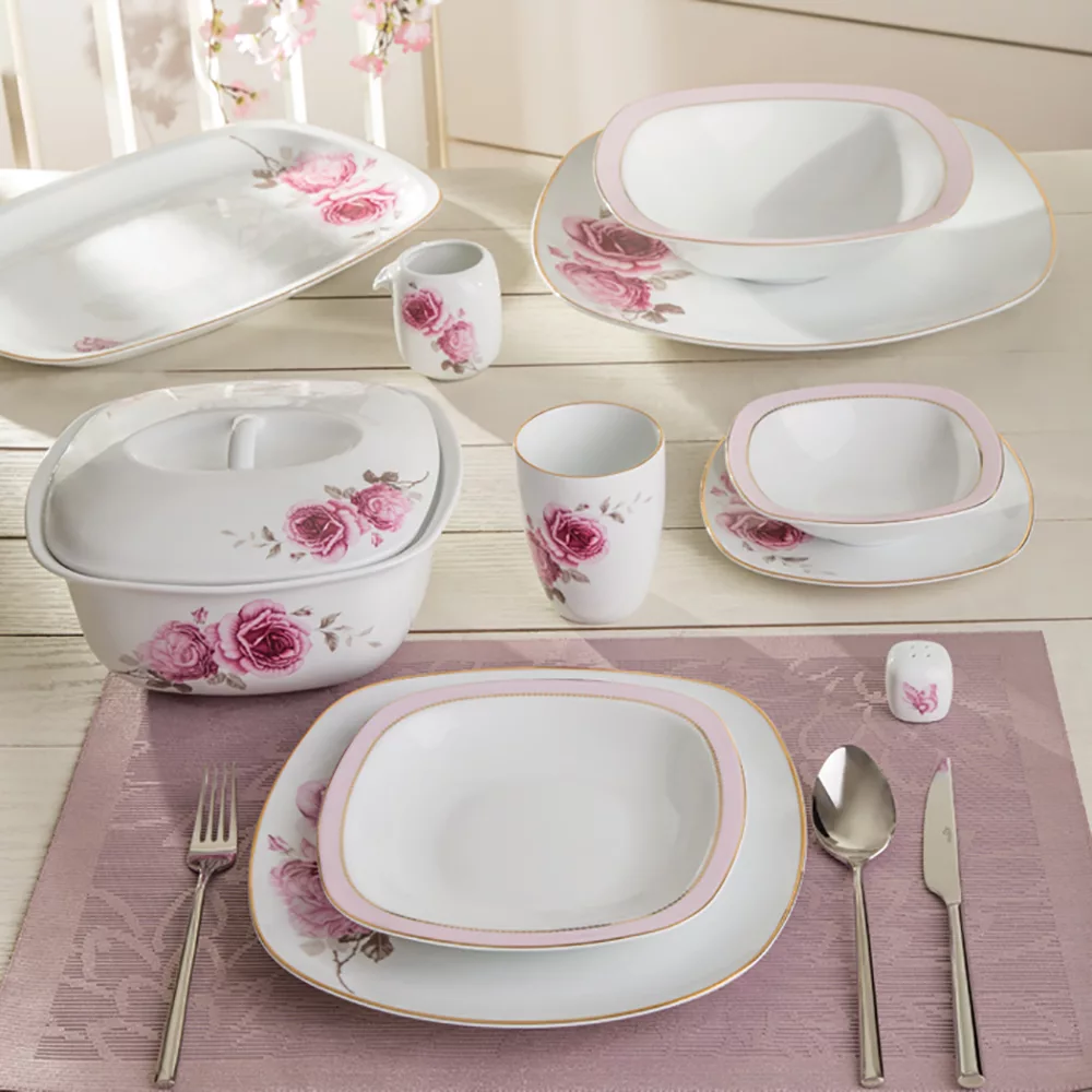 سرویس غذاخوری 98 پارچه چینی زرین ایران سری کواترو مدل رزفلاور درجه یک