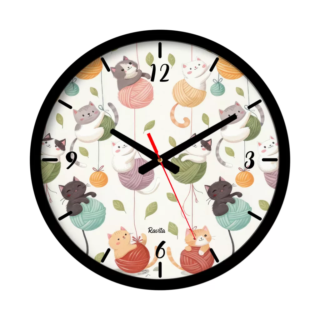 ساعت دیواری کوارتز راویتا مدل گربه ها و کاموا کد 3675