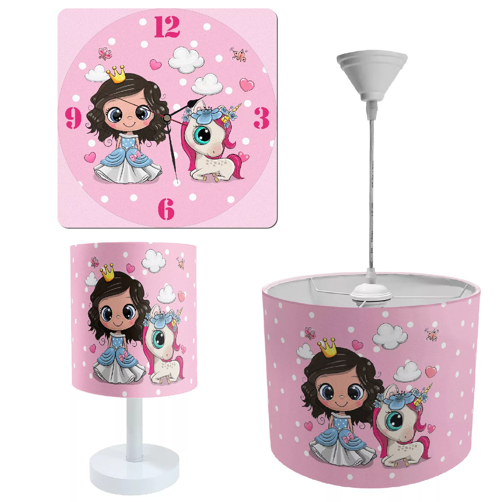 لوستر و آباژور کودک طرح پرنسس و یونی کرن مدل LBR-SET-001 به همراه ساعت
