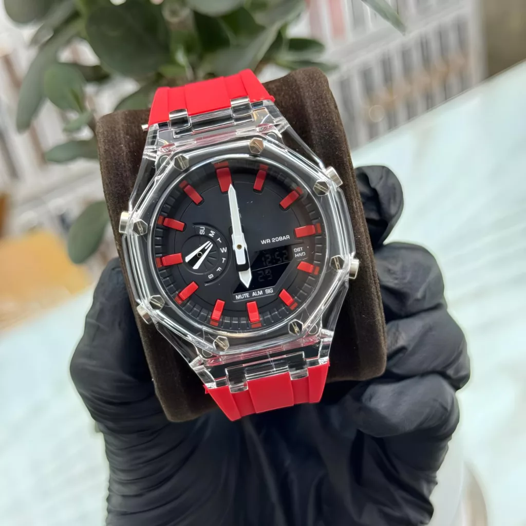 ساعت مچی عقربه ای مدل دو زمانه پمپی قاب شفاف کد r-m