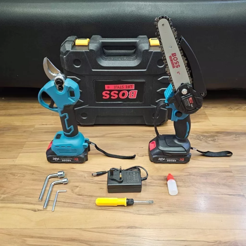 کیت اره زنجیری شارژی و قیچی شارژی باس مدل BS- twin3 مجموعه دو عددی