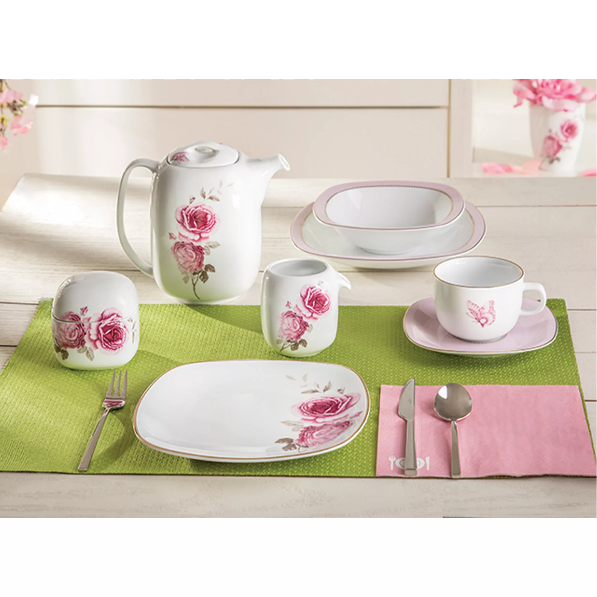 سرویس غذاخوری27 پارچه چینی زرین ایران سری کواترو مدل رزفلاور درجه یک