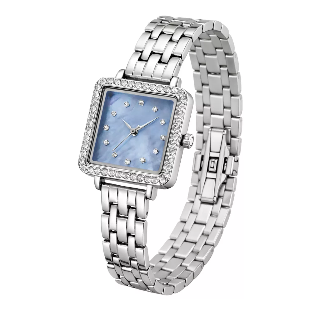 ساعت مچی عقربه‌ای کوارتز زنانه مدل لوکس قاب دور نگین بند استیل کد ۴