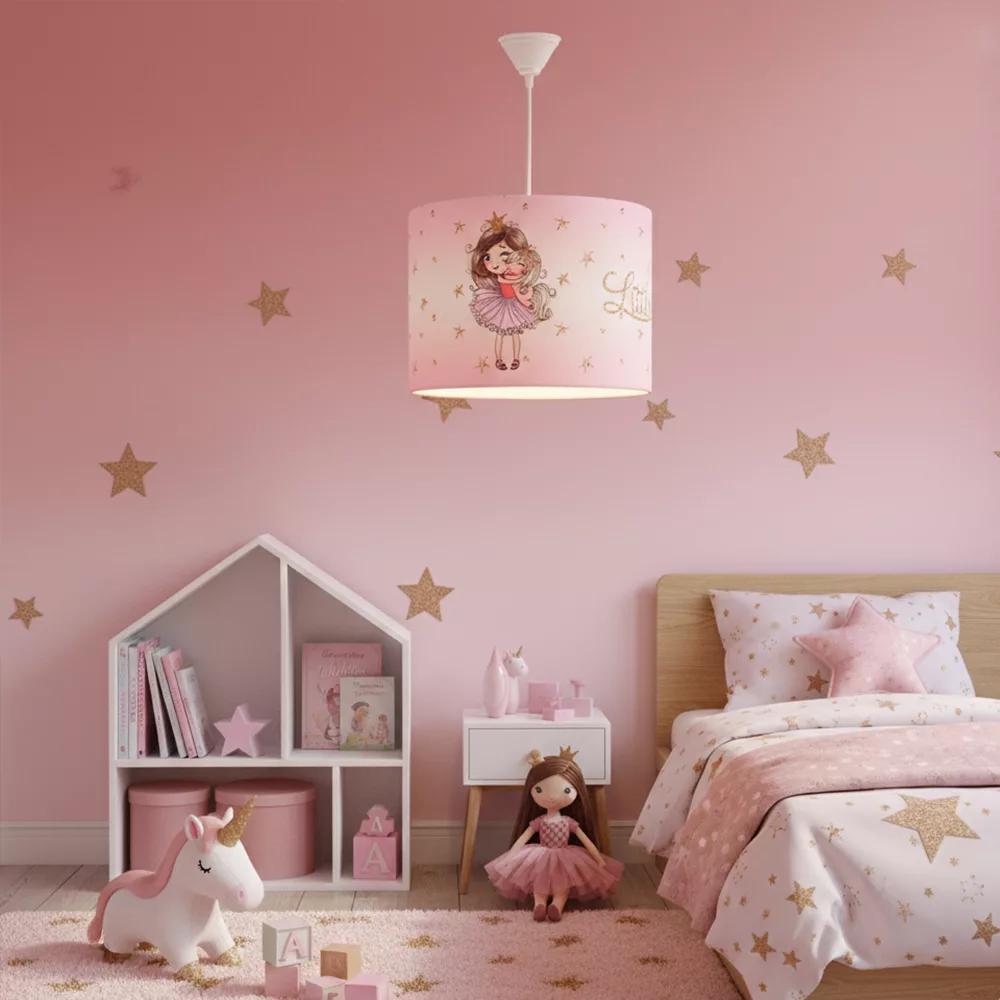 آباژور رومیزی کودک مدل دختر و اسب تک شاخ به همراه لوستر سقفی