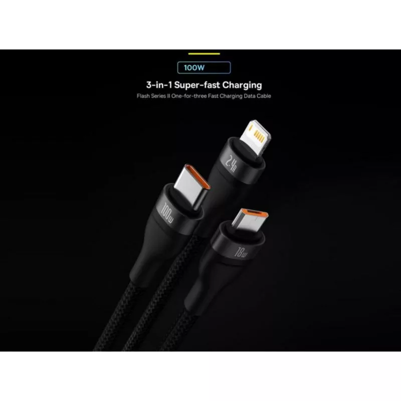 کابل تبدیل USB به USB-C / microUSB / لایتنینگ باسئوس مدل ONE-FOR-THREE 100Wطول 1.2 متر