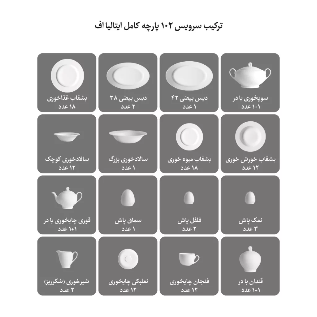 سرویس غذاخوری 102 پارچه چینی زرین ایران سری ایتالیا اف مدل Zarin درجه یک