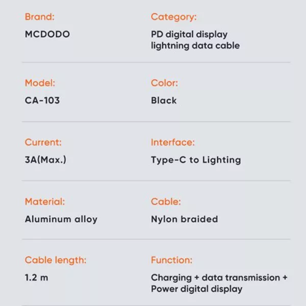 کابل تبدیل USB-C به لایتنینگ مک دودو مدل CA-103 36W طول 1.2 متر