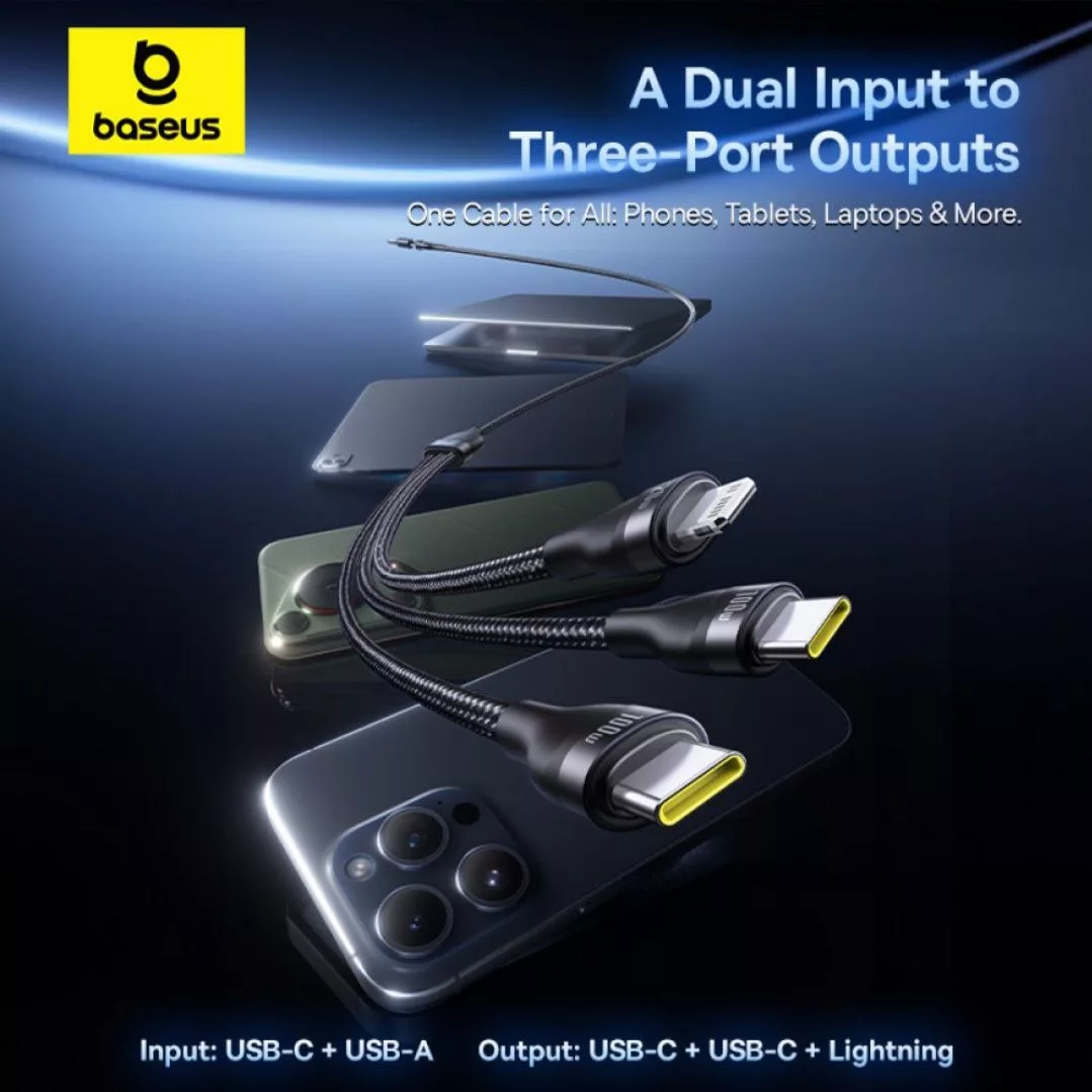 کابل تبدیل USB/USB-C به لایتنینگ/USB-C بیسوس مدل Flash Series 3 100W طول 1.5 متر