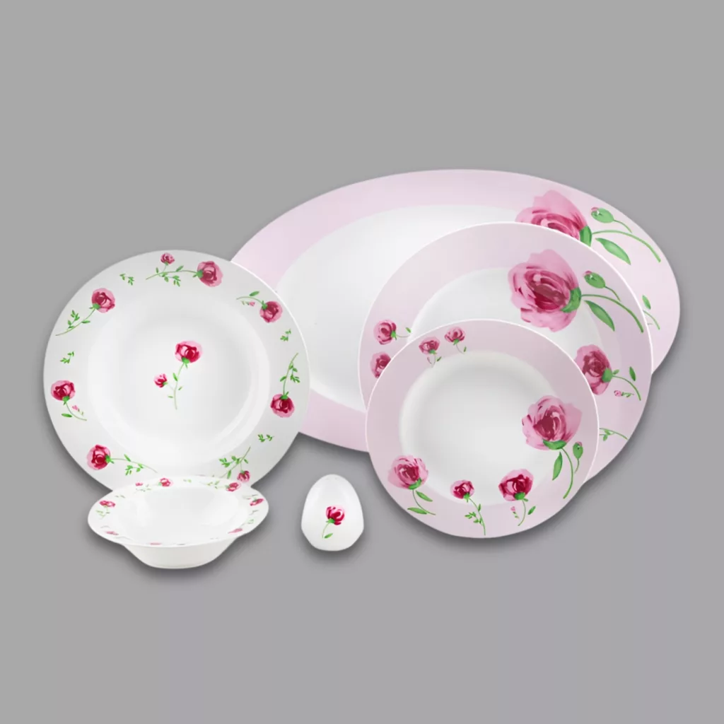 سرویس غذاخوری 28 پارچه 6 نفر چینی زرین ایران مدل ایتالیا اف پینک رز درجه 3