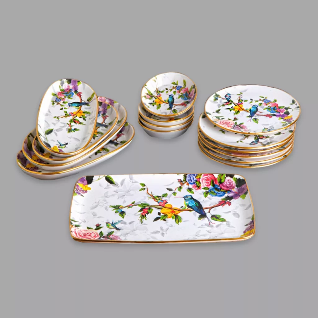 سرویس صبحانه‌خوری 15 پارچه 6 نفر مدل گونول طرح گل و پرنده