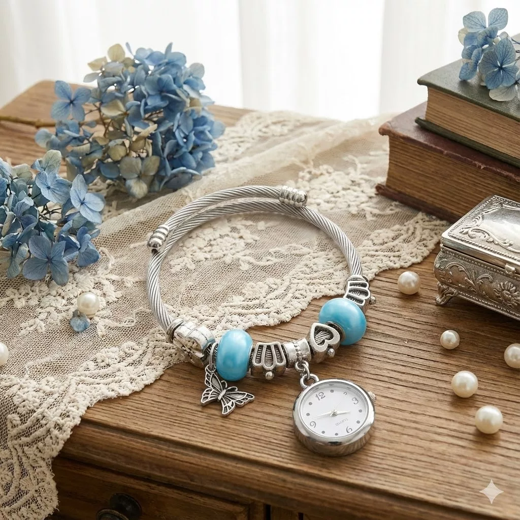 ساعت مچی عقربه‌ای کوارتز زنانه مدل لوکس مینیمال بند النگویی آویز دار کد ۶