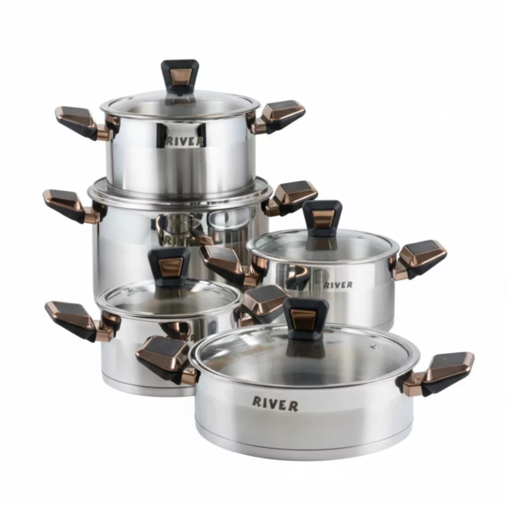 سرویس قابلمه و تابه استیل 10 پارچه ریور مدل دسته رز گلد کد TP3301
