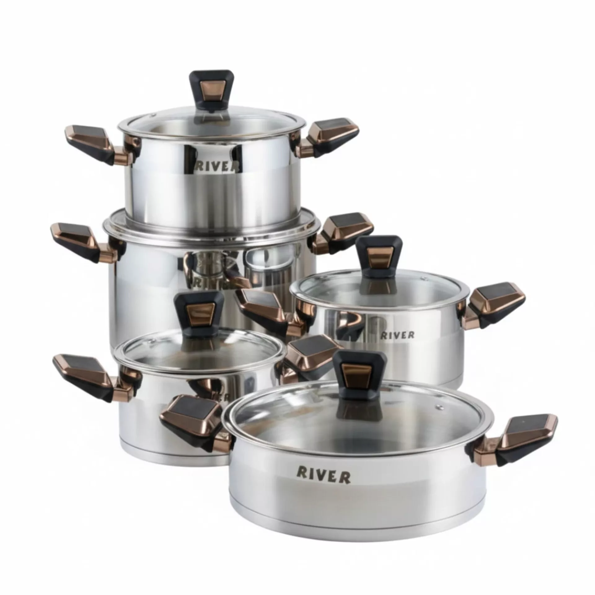 سرویس قابلمه و تابه استیل 10 پارچه ریور مدل دسته رز گلد کد TP3301