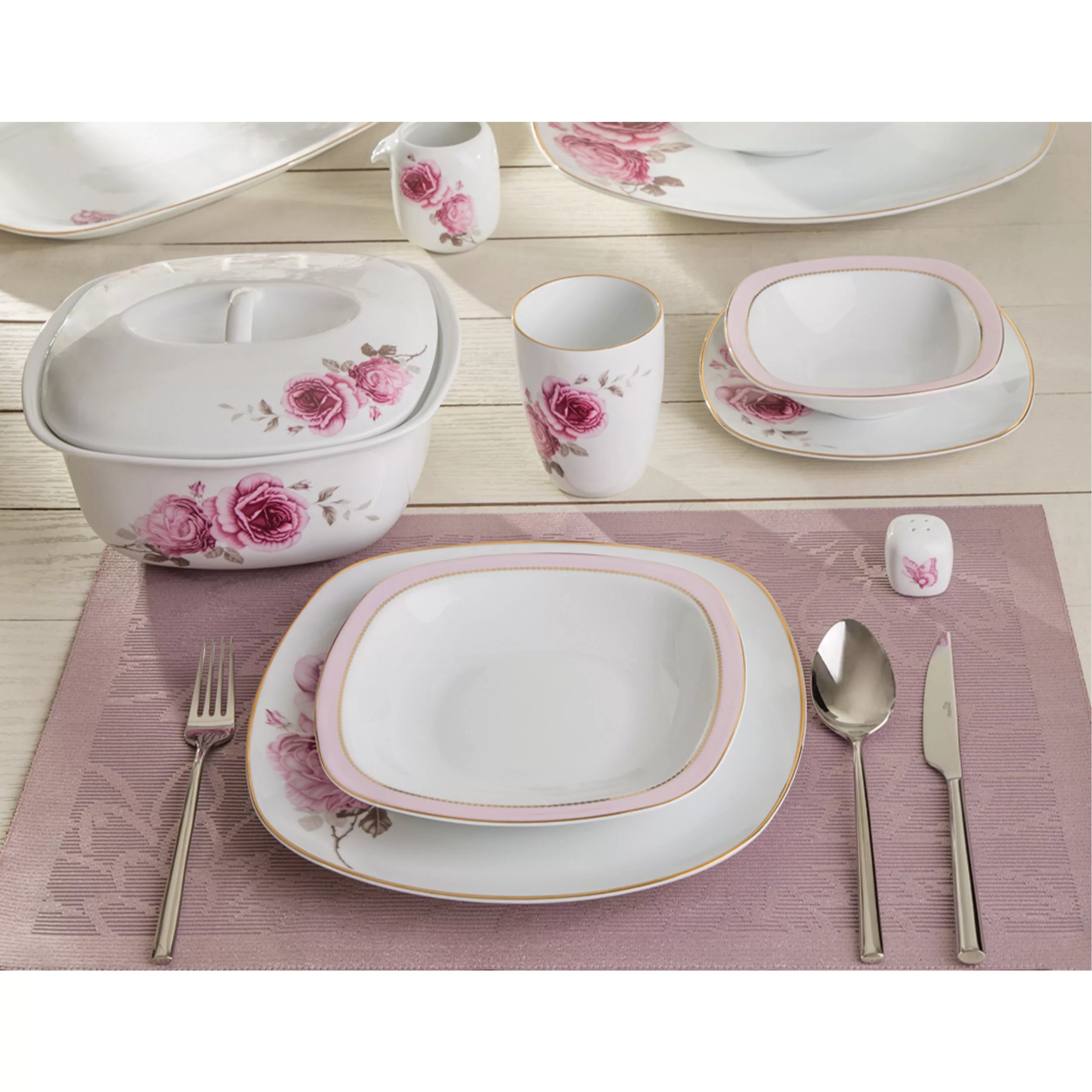 سرویس غذاخوری27 پارچه چینی زرین ایران سری کواترو مدل رزفلاور درجه یک