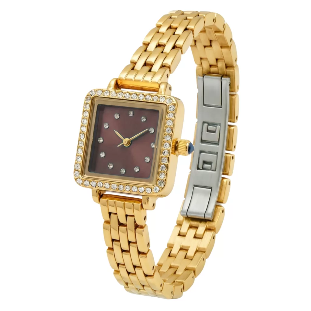 ساعت مچی عقربه‌ای کوارتز زنانه مدل لوکس بند استیل طرح بافت قاب دور نگین قفل مخفی کد E3