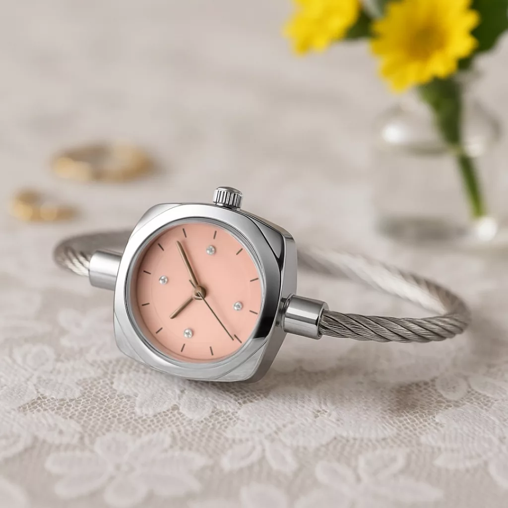 ساعت مچی عقربه‌ای کوارتز زنانه مدل لوکس مینیمال بند النگویی صفحه نگین دار کد ۱