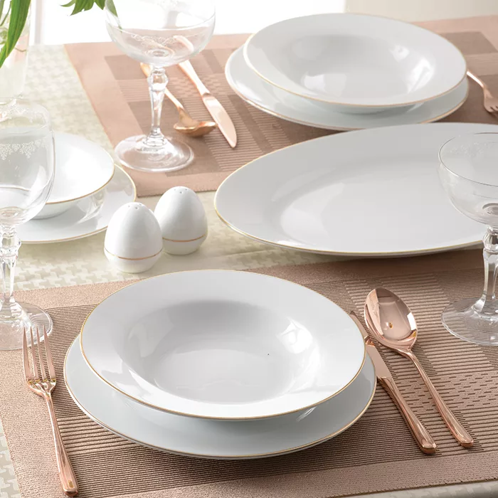 سرویس غذاخوری 28 پارچه 6 نفر چینی زرین ایران مدل ایتالیا اف زرین یک خط طلا درجه یک