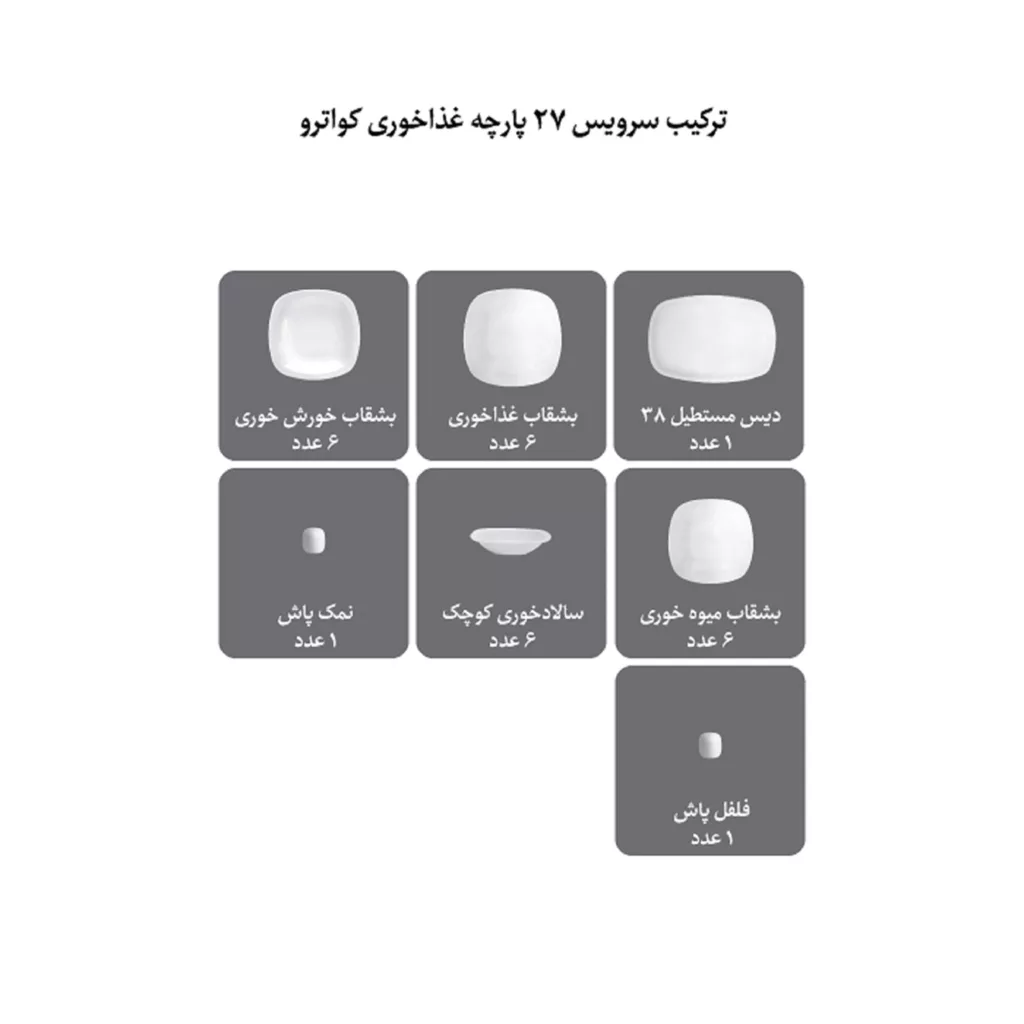 سرویس غذاخوری 27 پارچه چینی زرین ایران مدل کواترو زرین درجه یک