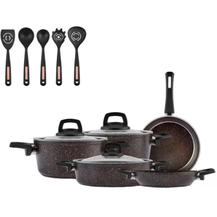 سرویس قابلمه وتابه بیوگرانیتی 13 پارچه کاراجا مدل Black Gold همراه با ابزار آشپزی