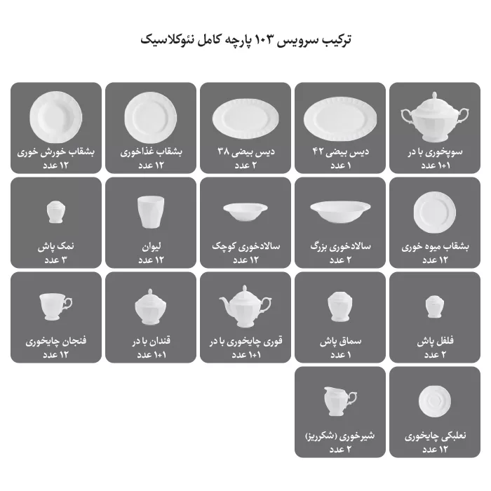 سرویس غذاخوری 103 پارچه چینی زرین ایران طرح النور درجه یک