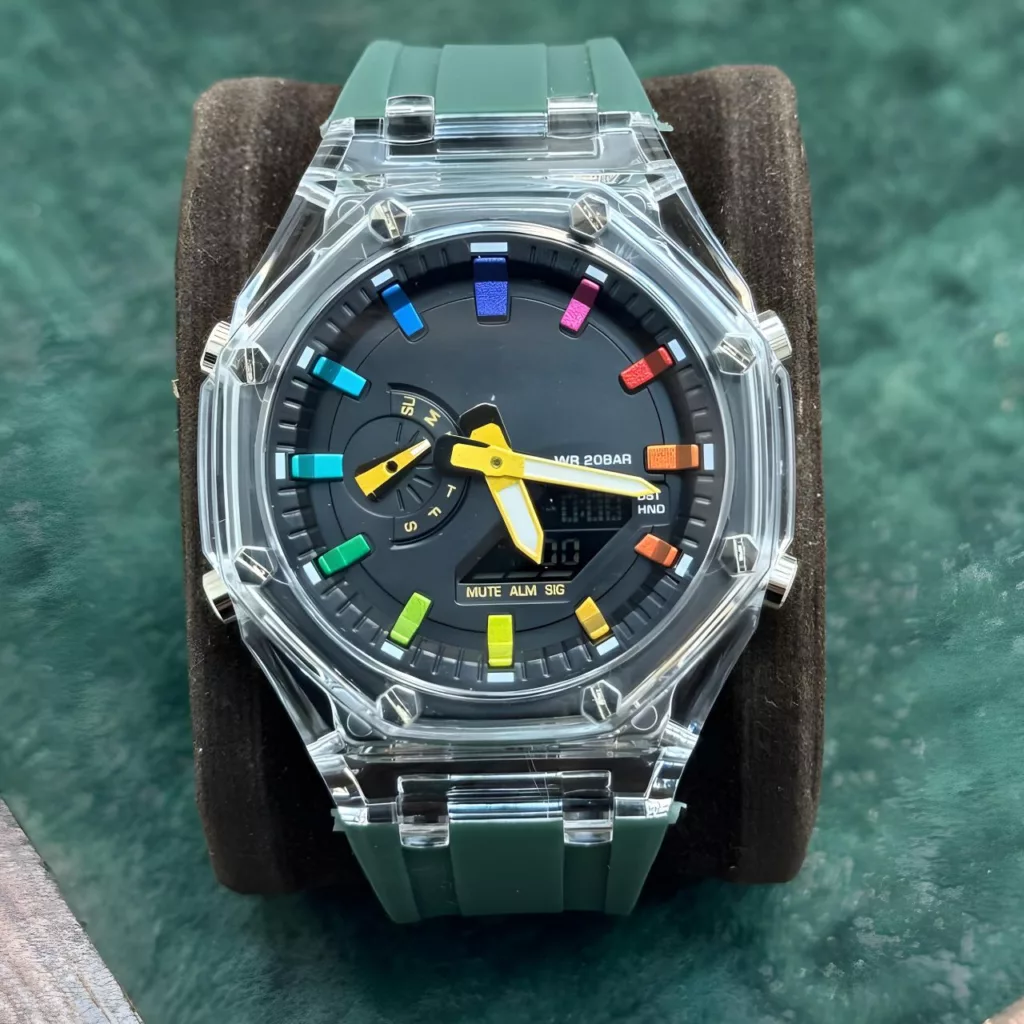 ساعت مچی عقربه ای مدل دو زمانه پمپی قاب شفاف کد s-m